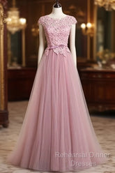 A-Line/Princess Sash Tulle Floor-Length Lace Semi Formal Prom Dresses